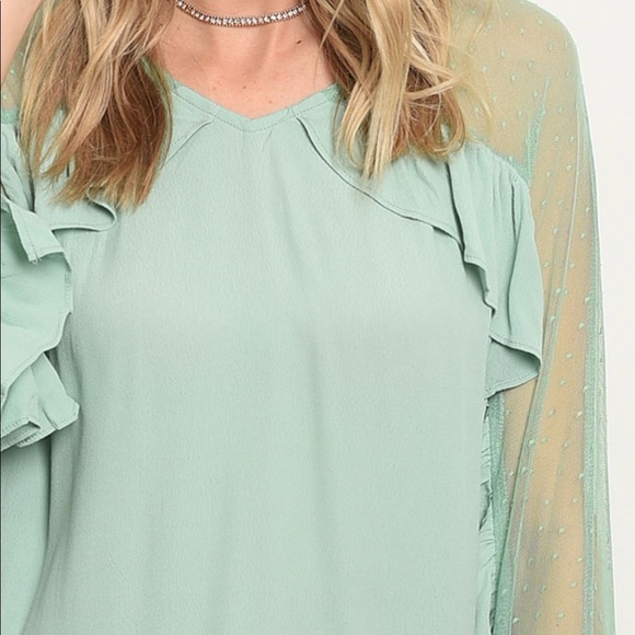 ❌DONATED❌Sage Green Mesh Swiss Dot Ruffle Detail Top - Picture 2 of 9